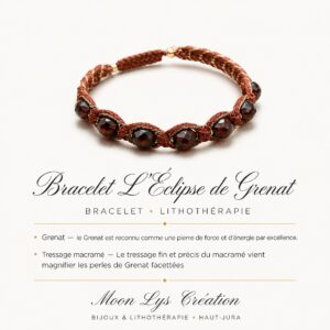 Bracelet L'Éclipse de Grenat macramé tressé main perles grenat facettées, lithothérapie fait main Jura Moon Lys Création
