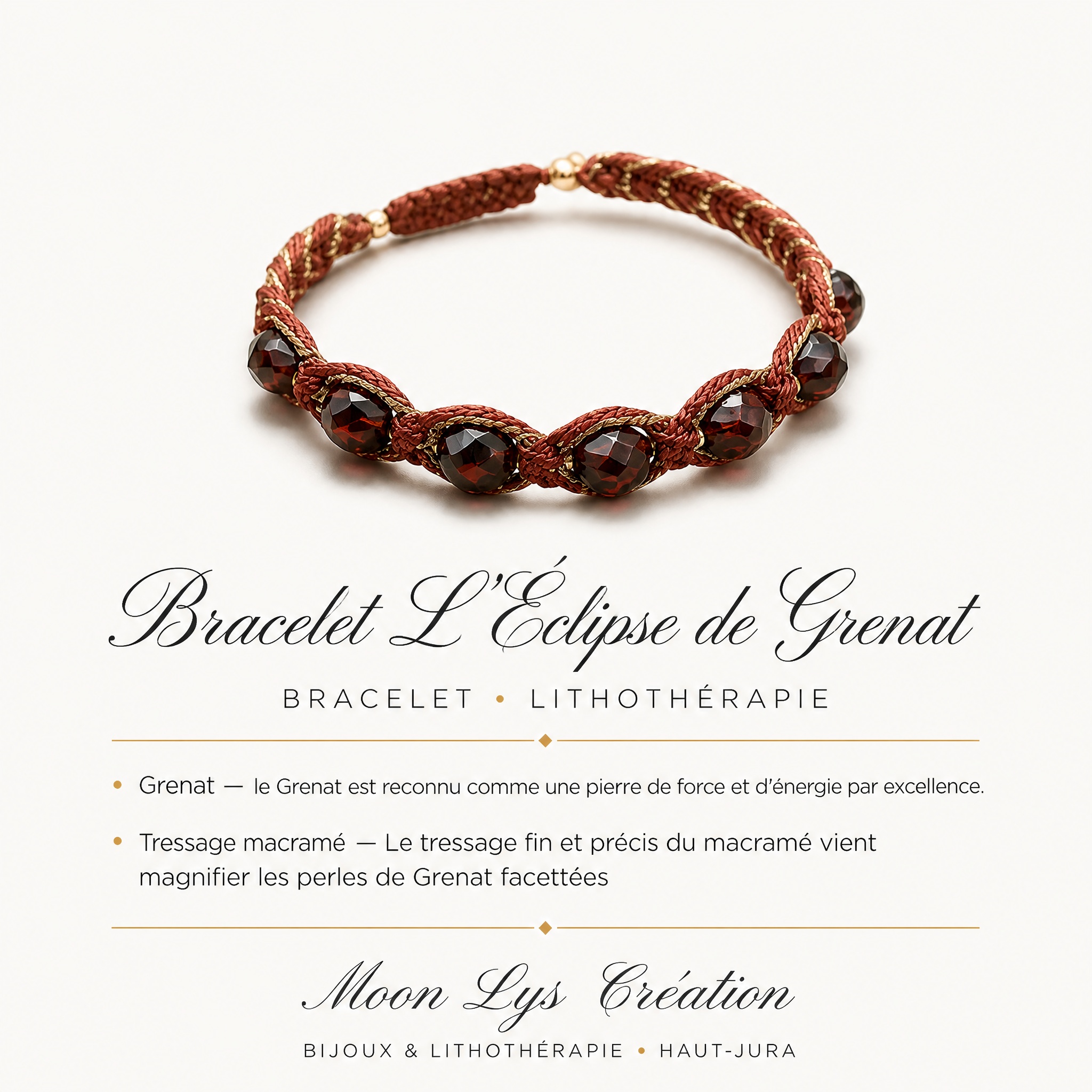 Bracelet L'Éclipse de Grenat macramé tressé main perles grenat facettées, lithothérapie fait main Jura Moon Lys Création