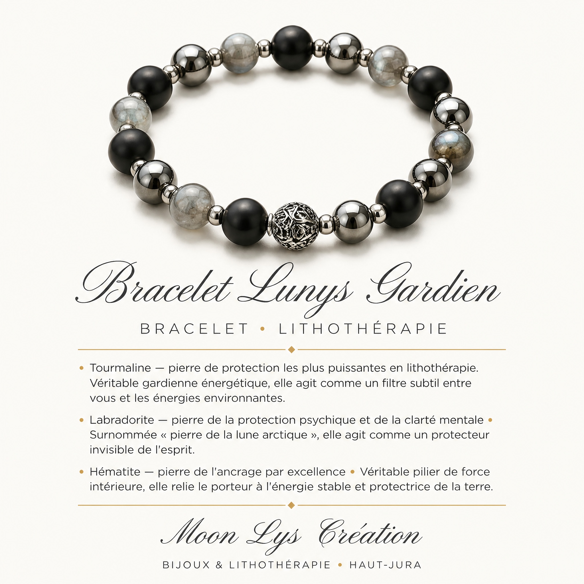 Bracelet Lunys Gardien Tourmaline Labradorite Hématite, protection énergétique fait main Jura