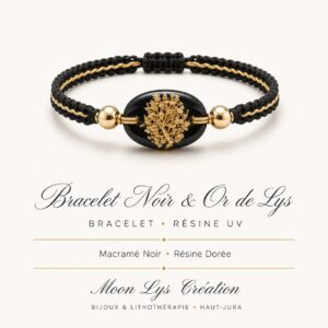 Bracelet Noir et Or de Lys macramé tressé main et résine dorée, bijou artisanal Moon Lys Création Jura