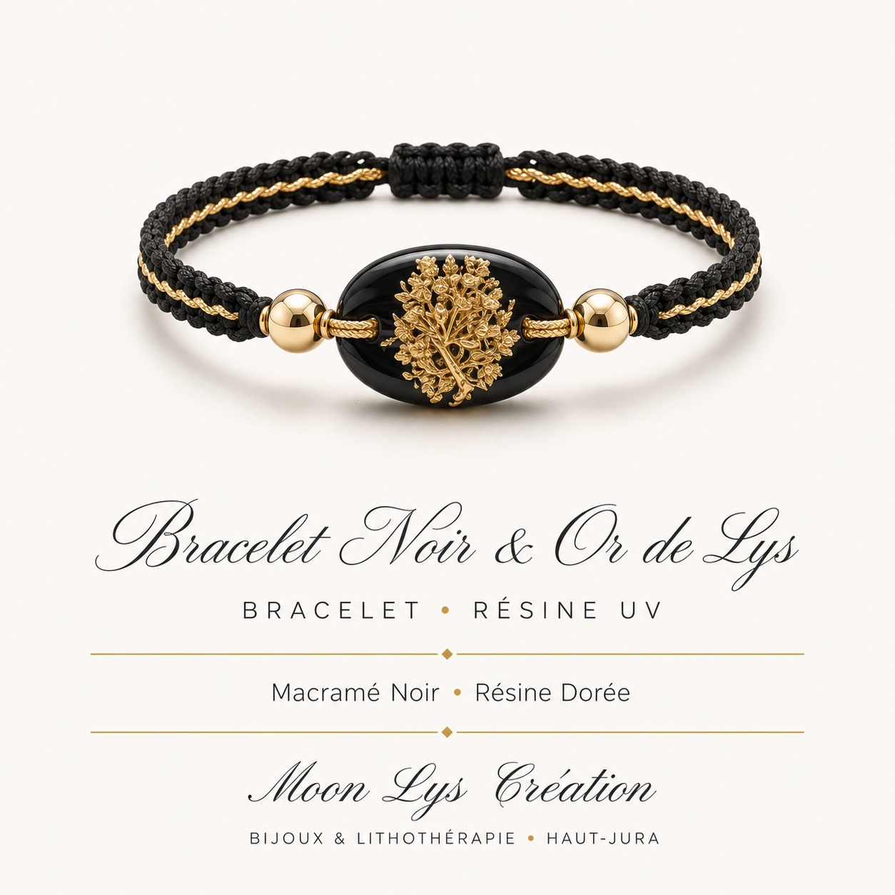 Bracelet Noir et Or de Lys macramé tressé main et résine dorée, bijou artisanal Moon Lys Création Jura