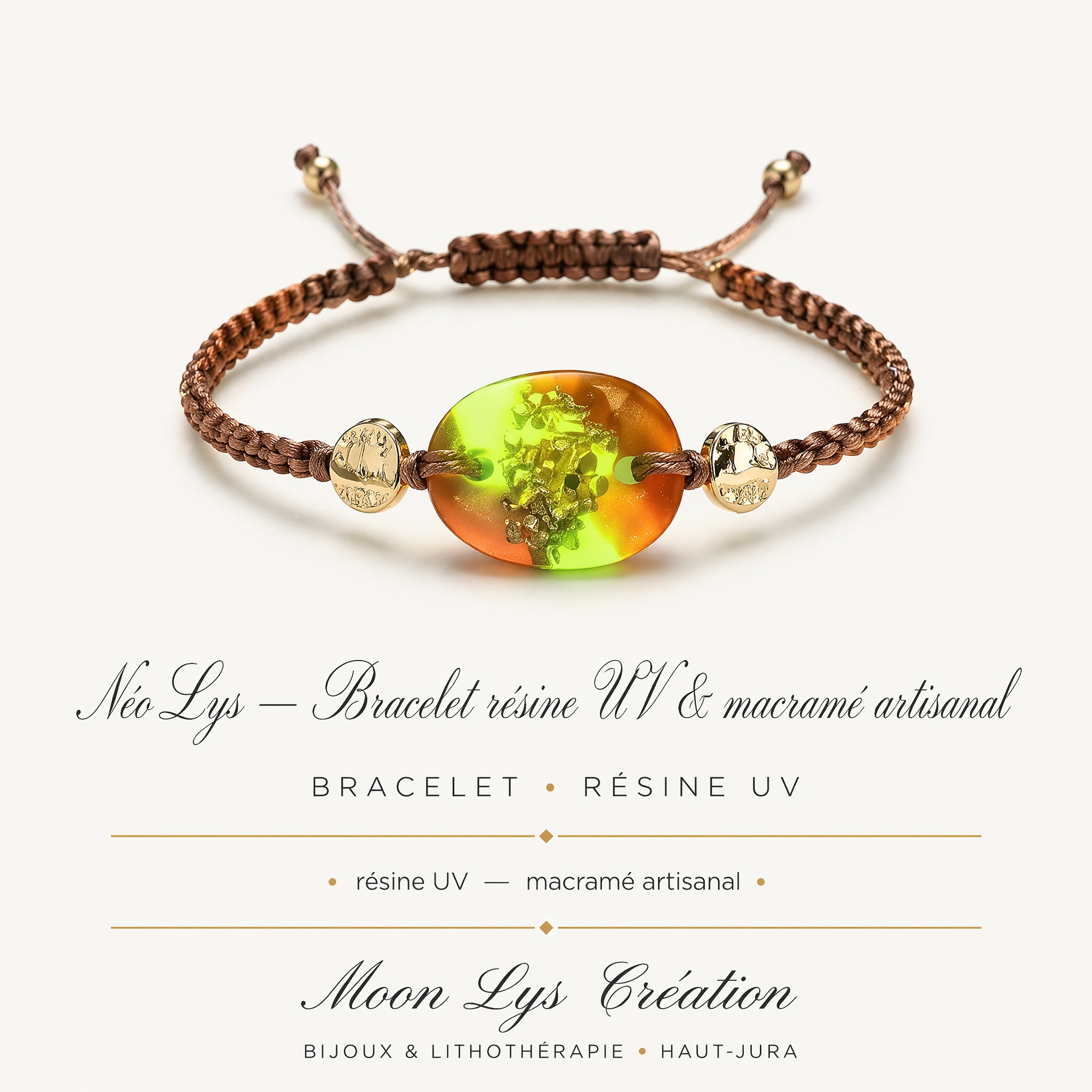 NéoLys — bracelet résine UV phosphorescent et macramé coton artisanal, Moon Lys Création, Jura
