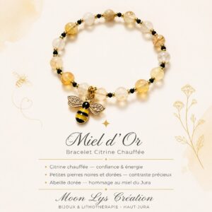 Bracelet Miel d’Or en citrine chauffée avec perles jaune miel, intercalaires noirs et dorés, breloque abeille dorée — bijou lithothérapie Moon Lys Création