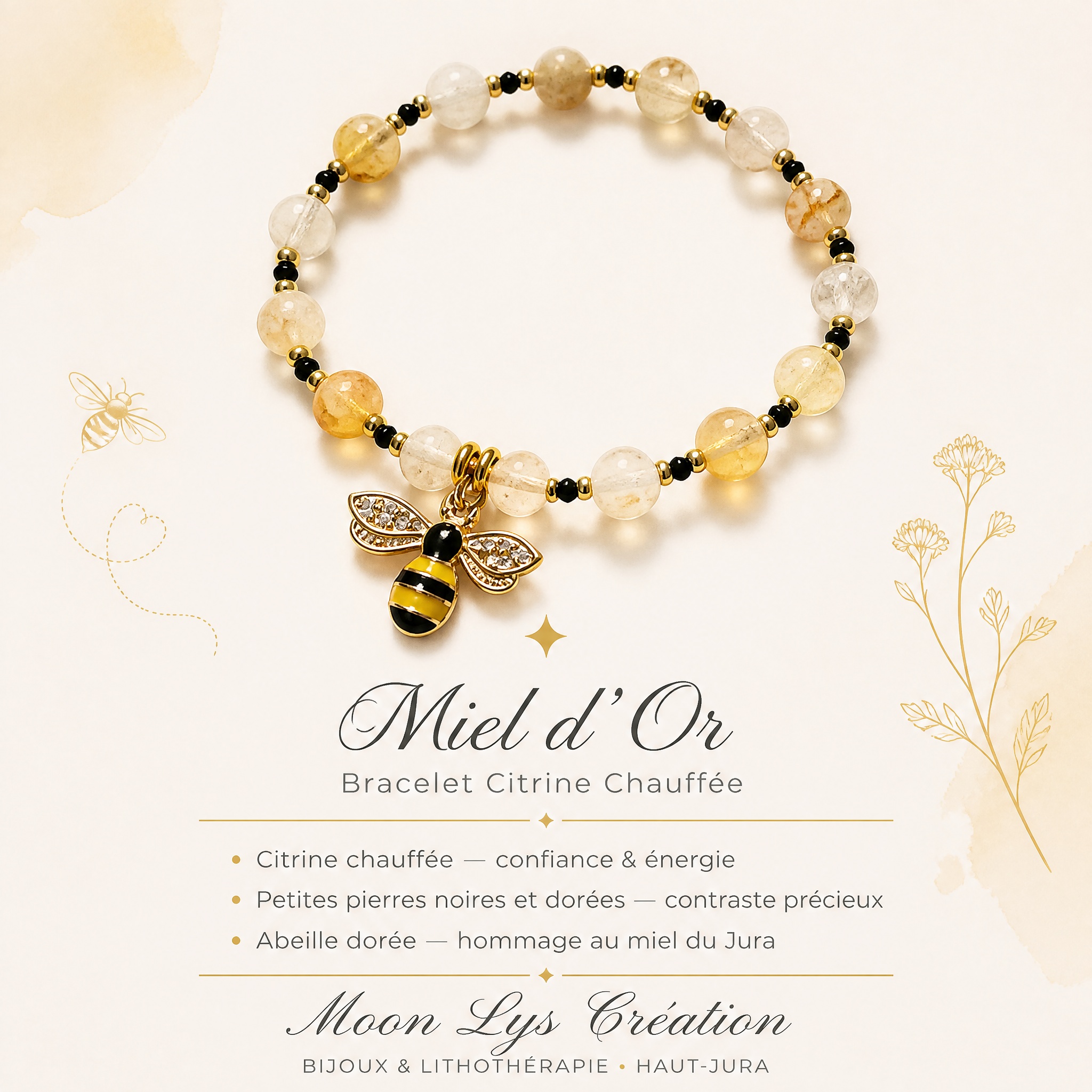 Bracelet Miel d’Or en citrine chauffée avec perles jaune miel, intercalaires noirs et dorés, breloque abeille dorée — bijou lithothérapie Moon Lys Création