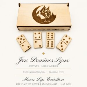 Jeu de 28 dominos en bois Lynx du Jura gravés au laser