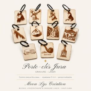 Porte clés Jura en bois gravé personnalisé fabriqué par Moon Lys Création