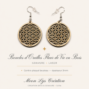 Boucles d'oreilles Fleur de Vie en bois de bouleau découpées au laser – Moon Lys Création
