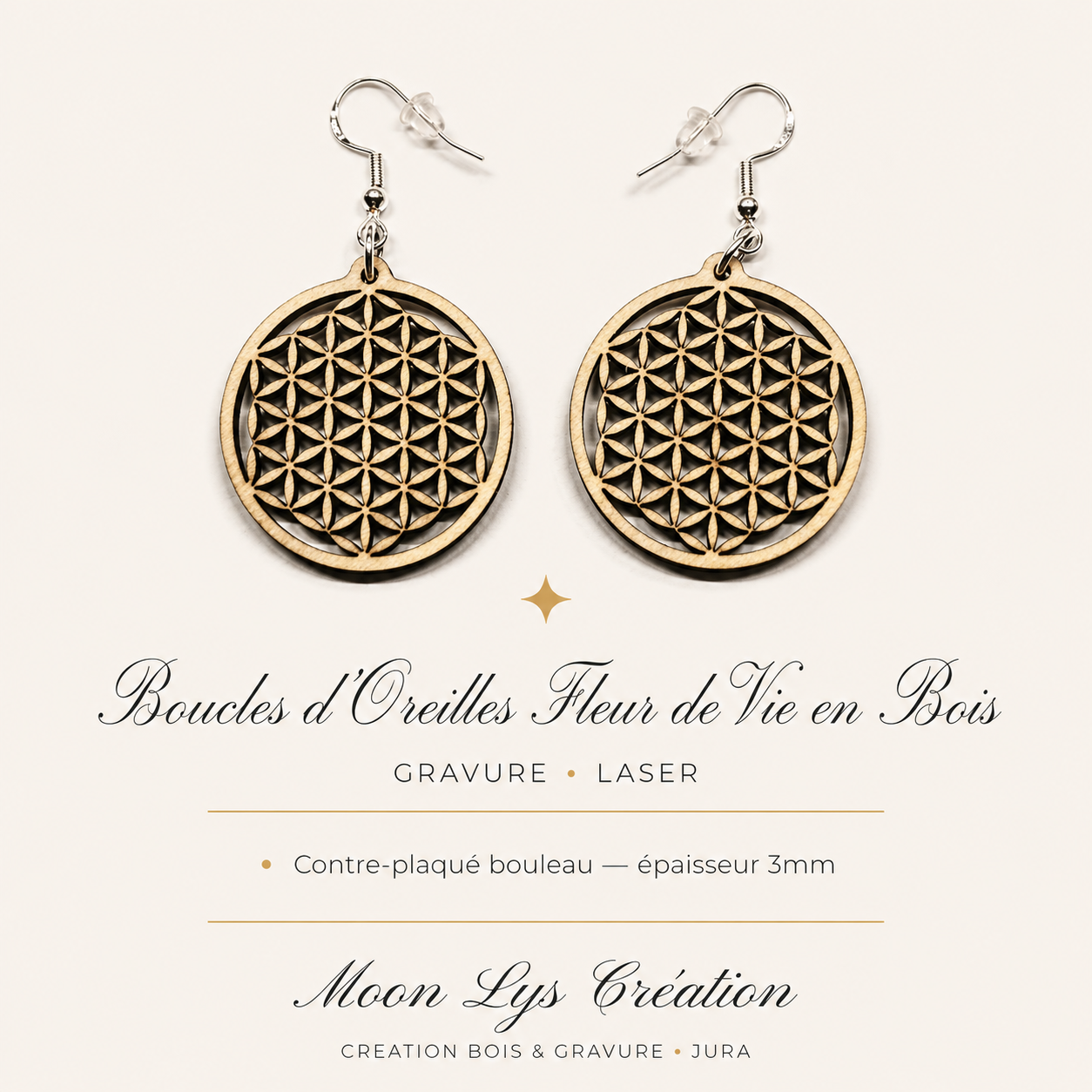 Boucles d'oreilles Fleur de Vie en bois de bouleau découpées au laser – Moon Lys Création
