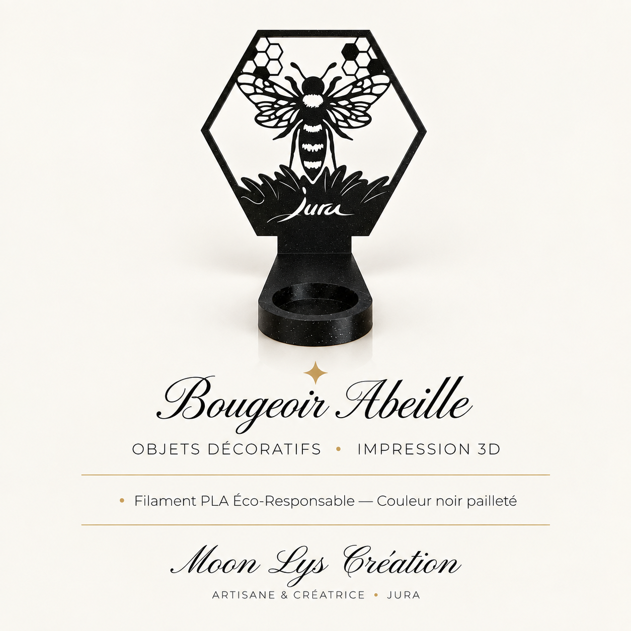 Bougeoir Abeille en impression 3D noir pailleté – Moon Lys Création