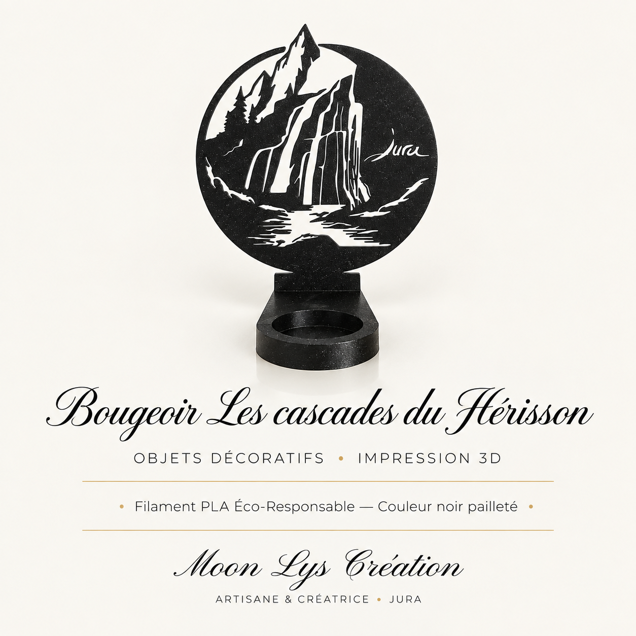 Bougeoir Les Cascades du Hérisson en impression 3D noir pailleté – Moon Lys Création