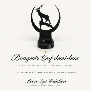Bougeoir Cerf demi-lune du Jura en impression 3D noir pailleté – Moon Lys Création