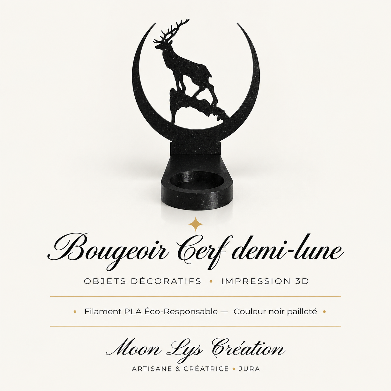 Bougeoir Cerf demi-lune du Jura en impression 3D noir pailleté – Moon Lys Création