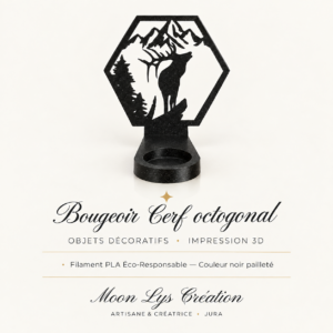 Bougeoir Cerf octogonal en impression 3D noir pailleté – Moon Lys Création