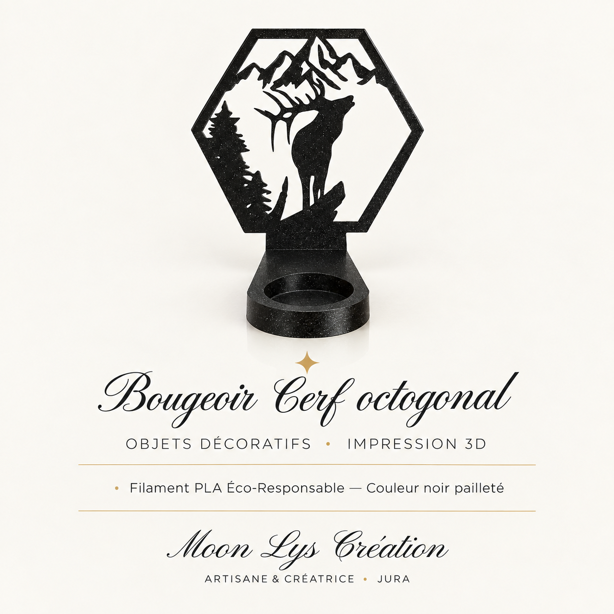 Bougeoir Cerf octogonal en impression 3D noir pailleté – Moon Lys Création