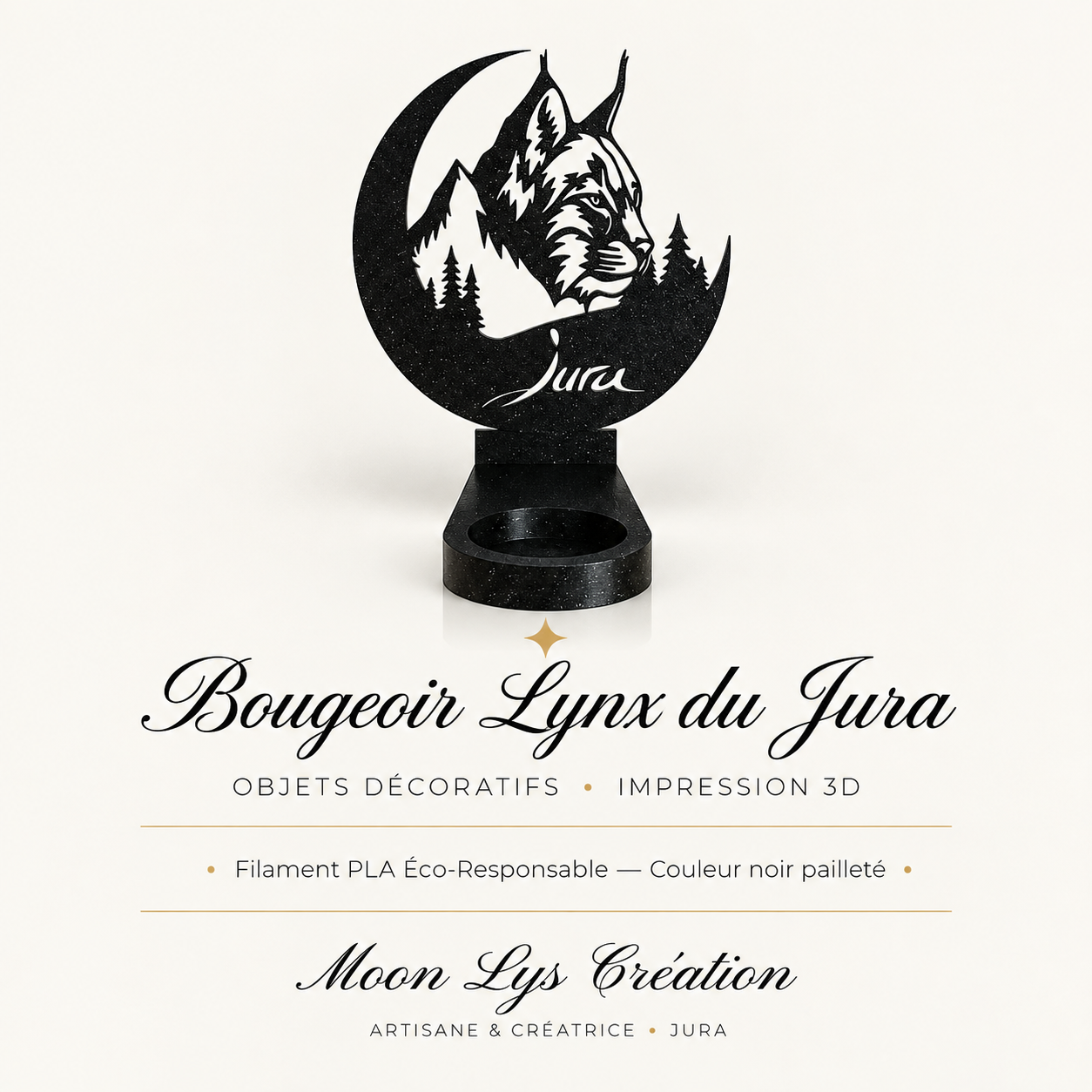 Bougeoir Lynx du Jura en impression 3D noir pailleté – Moon Lys Création