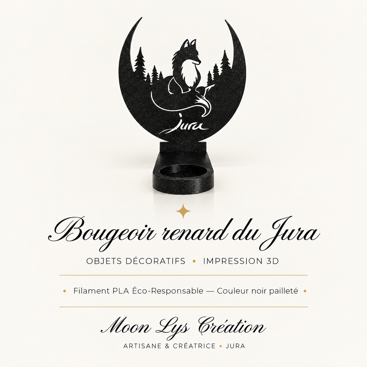 Bougeoir Renard du Jura en impression 3D noir pailleté – Moon Lys Création