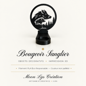 Bougeoir Sanglier du Jura en impression 3D noir pailleté – Moon Lys Création