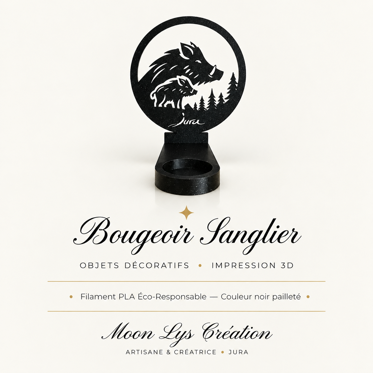 Bougeoir Sanglier du Jura en impression 3D noir pailleté – Moon Lys Création