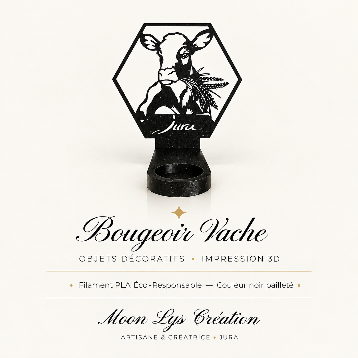 Bougeoir Vache du Jura en impression 3D noir pailleté – Moon Lys Création