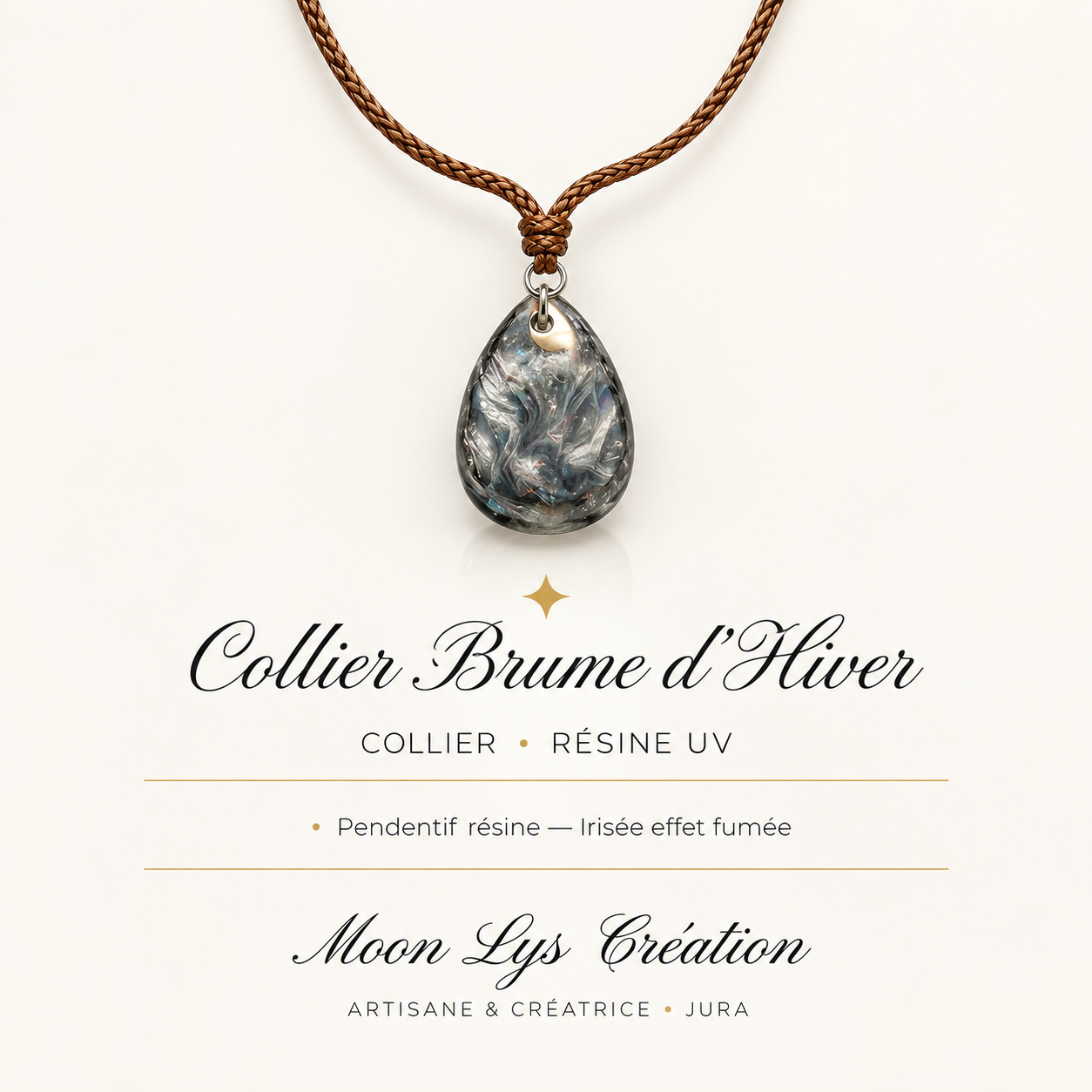 Collier Brume d’Hiver avec pendentif en résine UV effet fumée – Moon Lys Création