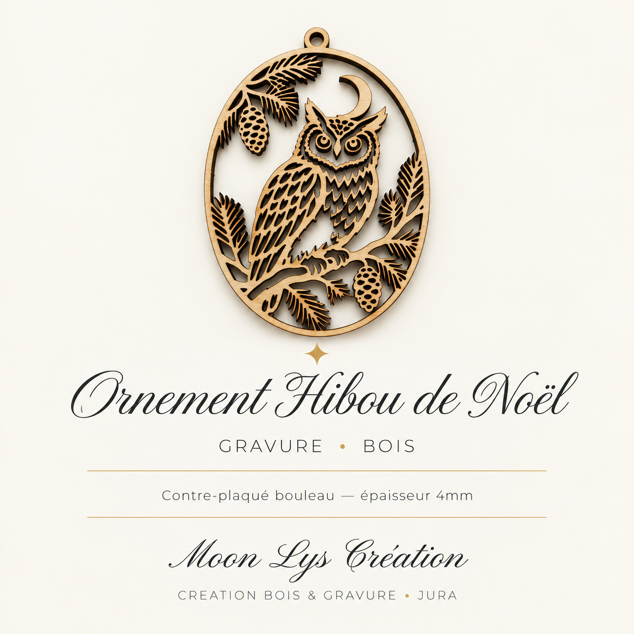 Ornement de sapin Hibou de Noël en contreplaqué de bouleau gravé de 4 mm