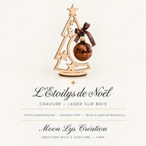 Sapin de Noël en bois L’Etoilys avec boule cuivrée et ruban décoratif