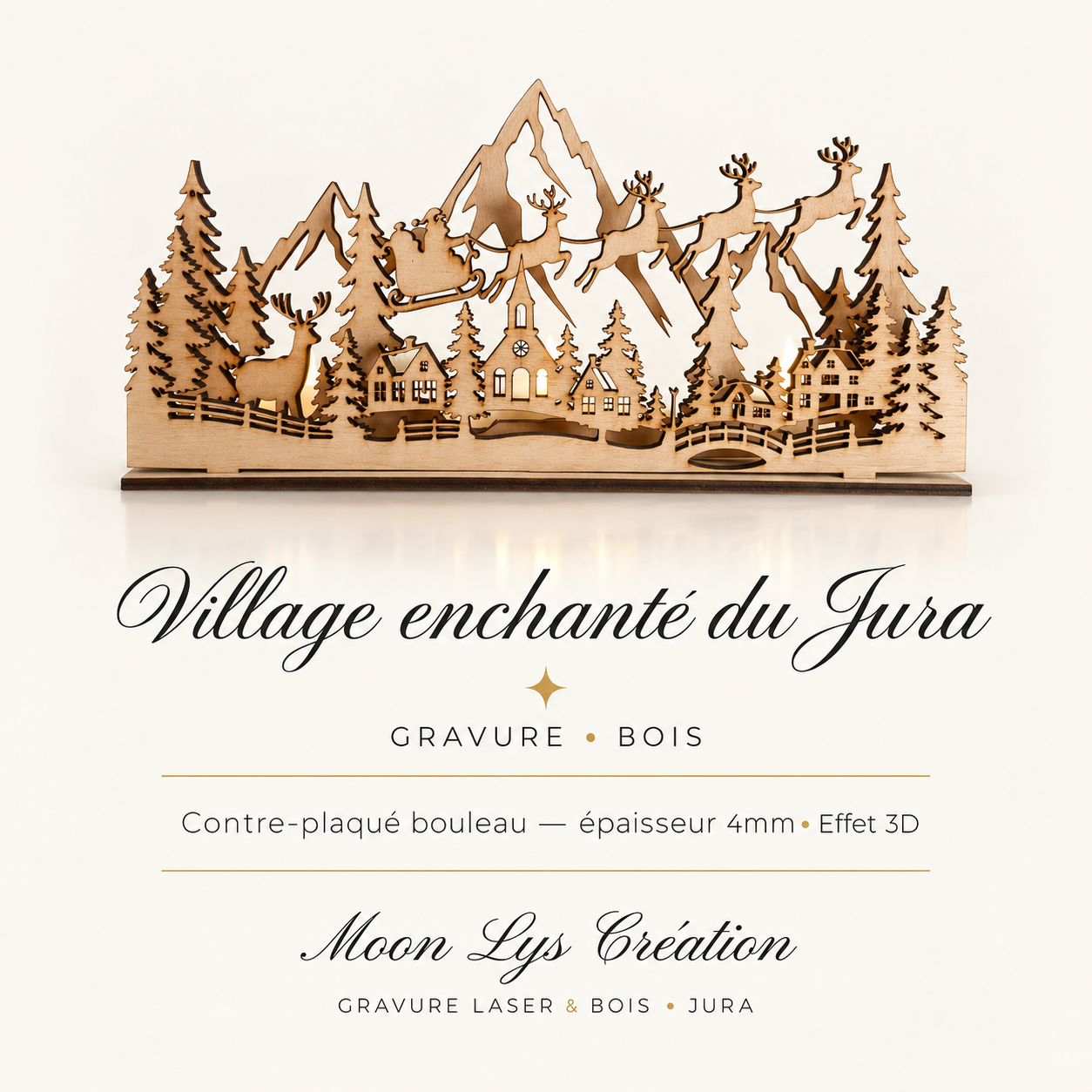 Village de Noël en bois gravé avec montagnes, sapins, cerfs et traîneau du Père Noë